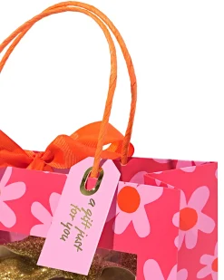 cadeautas 24x20x11cm bloemenprint met venster roze/oranje