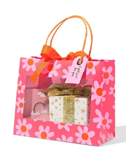 cadeautas 24x20x11cm bloemenprint met venster roze/oranje