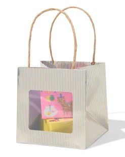 cadeautasje met venster 10x11x11cm blauw strepen goud