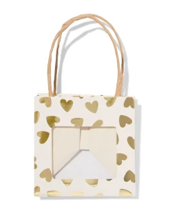 cadeautasje met venster 10x11x11cm wit hartjes goud