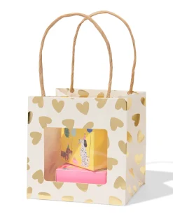 cadeautasje met venster 10x11x11cm wit hartjes goud