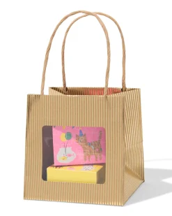 cadeautasje met venster 10x11x11cm kraft strepen goud
