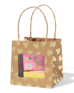 cadeautasje met venster 10x11x11cm kraft hartjes goud
