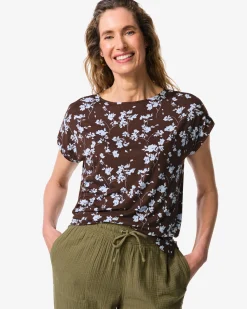 dames T-shirt Amelie jersey bloemen donkerbruin