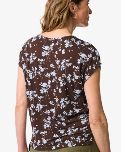 dames T-shirt Amelie jersey bloemen donkerbruin