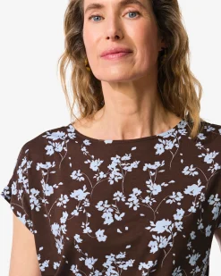 dames T-shirt Amelie jersey bloemen donkerbruin
