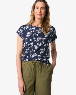 dames T-shirt Amelie jersey bloemen donkerblauw