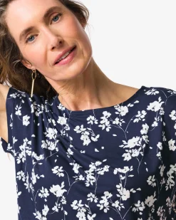 dames T-shirt Amelie jersey bloemen donkerblauw