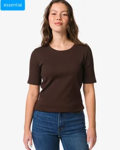 dames T-shirt Clara regular fit rib donkerbruin