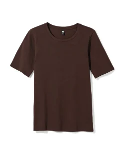 dames T-shirt Clara regular fit rib donkerbruin