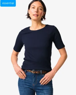 dames T-shirt Clara regular fit rib donkerblauw