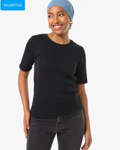 dames T-shirt Clara rib zwart
