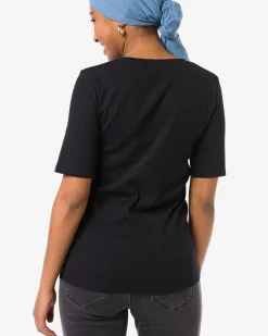 dames T-shirt Clara rib zwart
