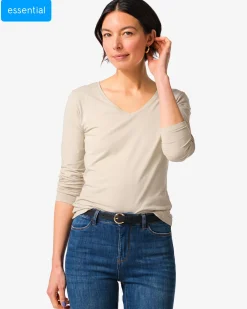 dames T-shirt slim fit v-hals zand