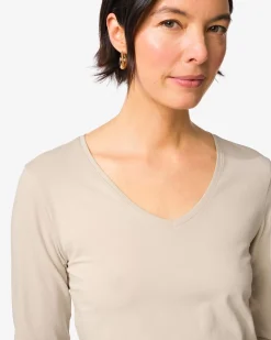dames T-shirt slim fit v-hals zand