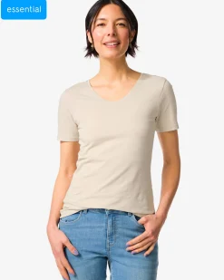 dames T-shirt slim fit v-hals zand