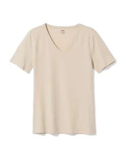 dames T-shirt slim fit v-hals zand