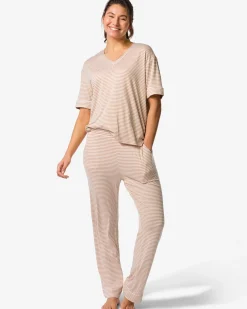 damespyjamabroek straight fit strepen beige