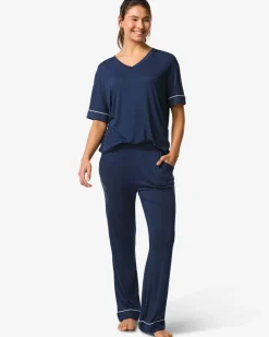 damespyjamabroek viscose donkerblauw