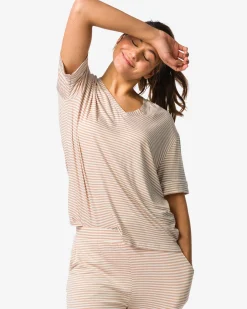 damespyjamatop jersey strepen beige