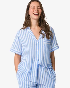 damespyjamatop seersucker strepen blauw
