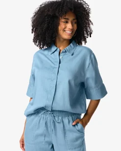 damesshirt Lila tencel middenblauw