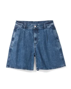 damesshort wide fit denim middenblauw