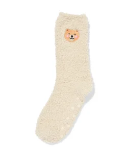 huissokken maat 36-41 fluffy teddybeer crème