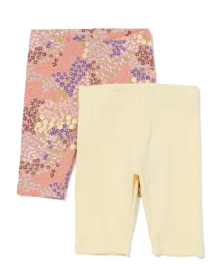 kinderleggings kort aansluitend rib bloemen - 2 stuks lichtgeel