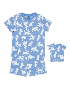 kindershortama honden met poppenpyjama blauw