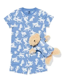 kindershortama honden met poppenpyjama blauw