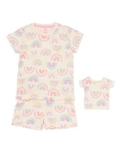 kindershortama regenboog met poppenpyjama multi