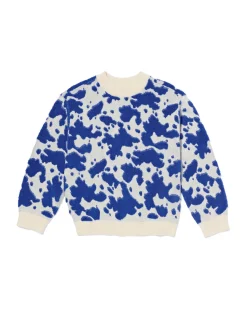 kindertrui gebreid koeienprint blauw